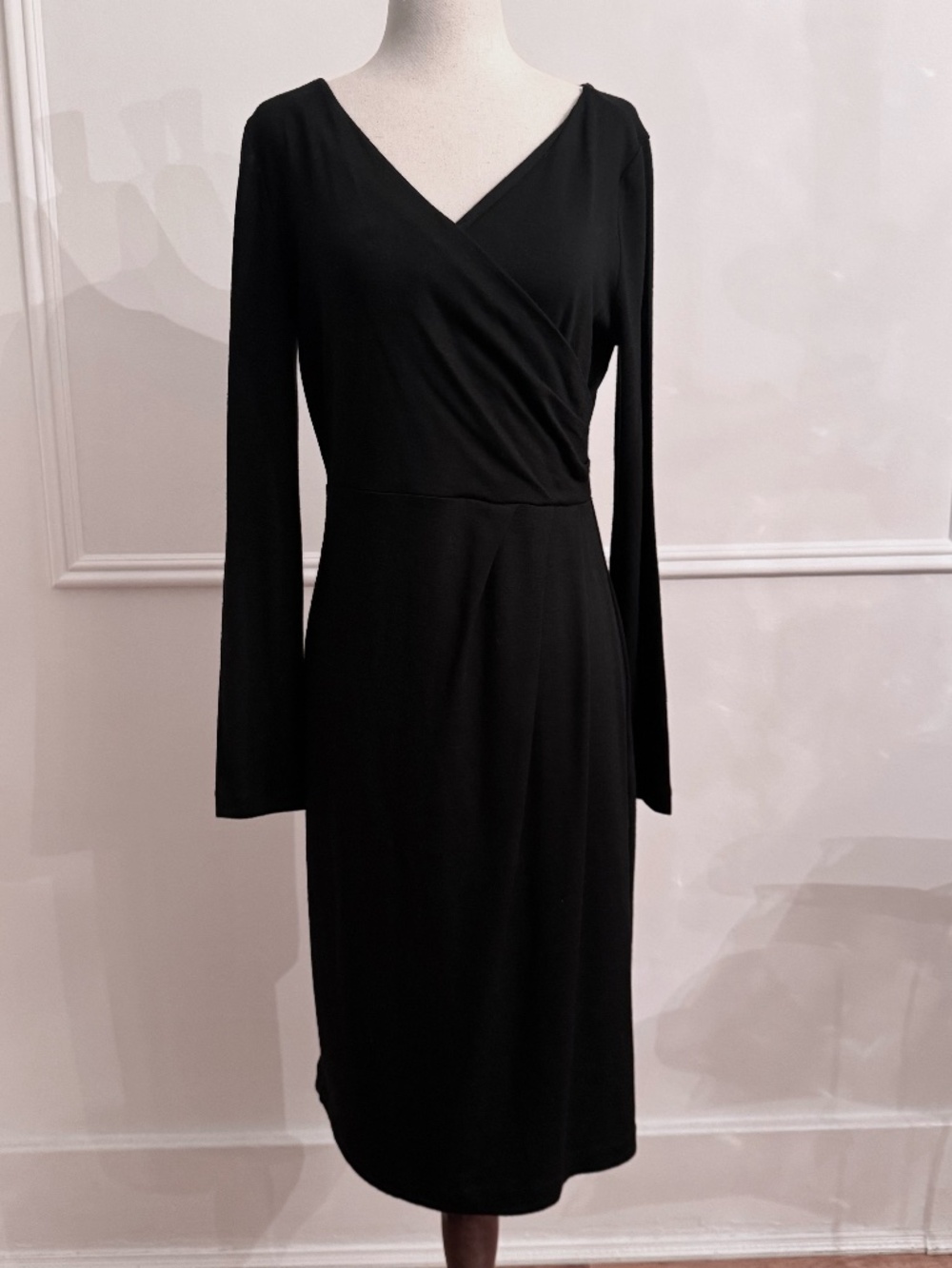 Talbots Black Wool Blend Faux Wrap V-Neck Sheath Dress Long Sleeve Sz S